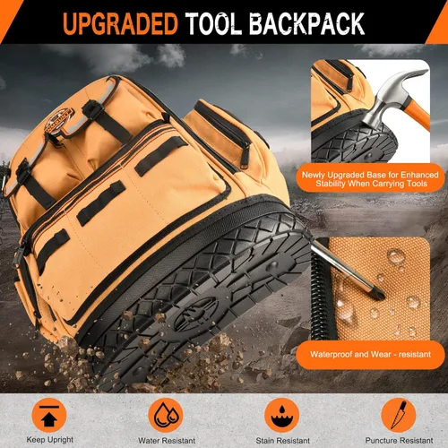 Miniatura 5 de Mochila para herramientas, mochila de herramientas resistente, bolsa de herramientas HVAC para electricista/trabajos de construcción con base Marrón