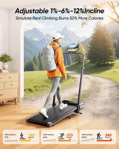 Miniatura 3 de Acezoe Walking Pad with 12% Incline & Height-Adjustable Handlebar, 5-in-1 Foldable Treadmill for Home & Office, Portable Under Desk Treadmill with