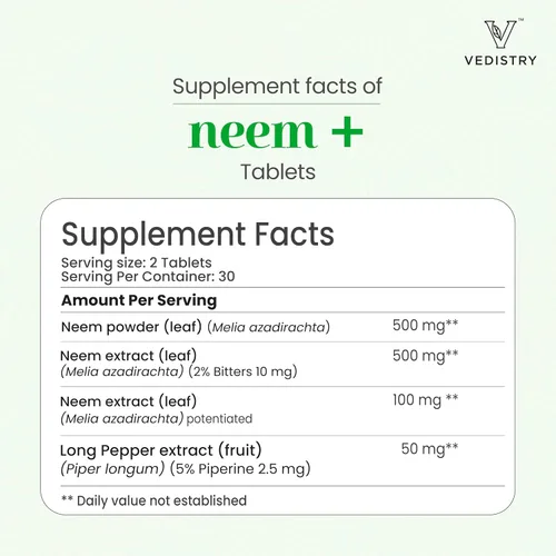 Miniatura 9 de Vedistry Suplementos de hojas de neem Tabletas de hojas de neem de 1100 mg que apoyan la piel clara, la desintoxicación y la salud inmunológica