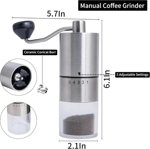 Miniatura 6 de Topadorn Molinillo de café manual con manivela, molinillo de granos de café portátil de acero inoxidable, molinillo de fresas ajustable