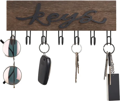 Miniatura 5 de Mkono Soporte para llaves de pared decorativo con 7 ganchos, organizador de llaves montado en la pared, ganchos para llaves colgantes de madera