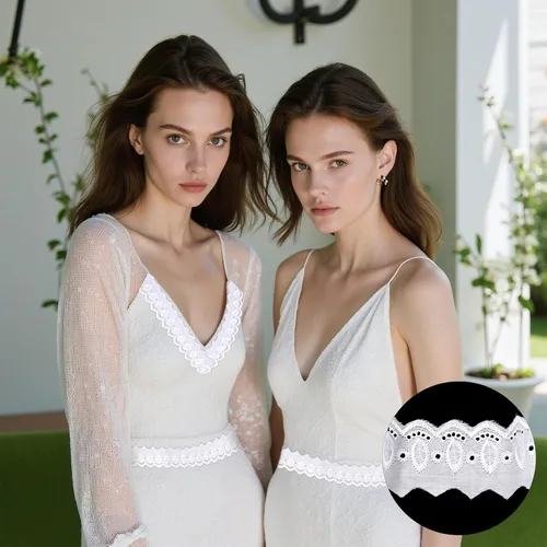 Miniatura 6 de Ribete de encaje de algodón de 15 yardas, cinta de encaje con ojales blancos, borde ondulado, bordados florales para coser vestidos, ropa, bolsas