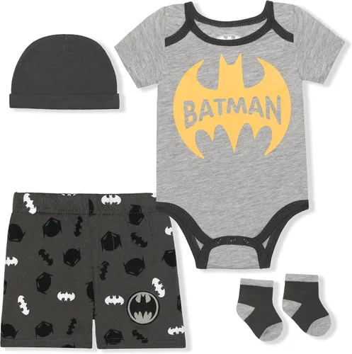 BATMAN Warner Bros DC Comics - Conjunto de body para niño, pantalones cortos, gorra y calcetines para recién nacidos, color gris