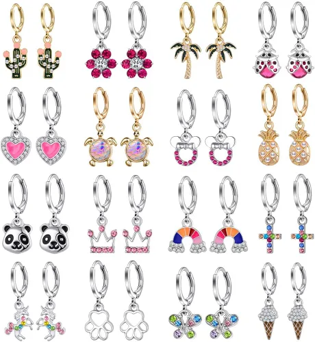 Aganippe 121618 Pairs Hypoallergenic Acrylic Dangle Hoop Earrings Cute Multiple Colour Fox Flower Flag Panda Pineapple Beetle Fruits Food Cartoon