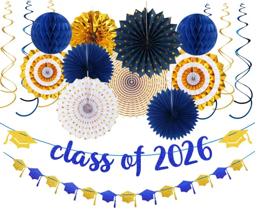 Decoraciones de fiesta de color azul marino y dorado - 18 piezas de guirnaldas de clase de 2026, abanicos de pompones de papel, faroles de panal de