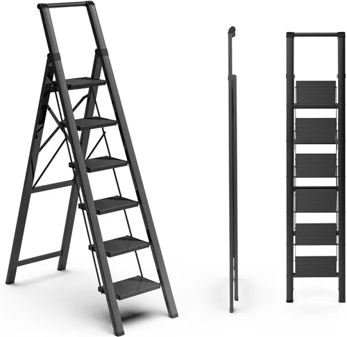 Miniatura 10 de SOLADDER Escalera de 6 escalones, taburete plegable con mango y pedal ancho antideslizante, escalera de escalera portátil de aluminio ligero