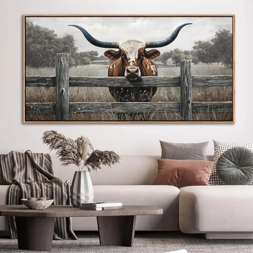 Miniatura 12 de AJAZIKO Arte de Pared de Vaca de las Tierras Altas - Decoración de Pared de Granja y Campo Rústico, Cuadros Grandes en Lienzo para Sala de Estar