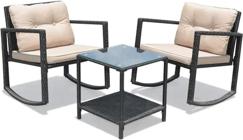 HAPPYGRILL Juego de 3 sillas mecedoras para patio al aire libre con mesa auxiliar, muebles de mimbre de ratán, juego de conversación para jardín,