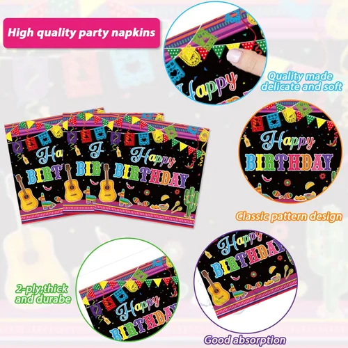 Miniatura 4 de Tevxj Juego de vajilla de 96 piezas para fiesta mexicana de feliz cumpleaños, platos de postre desechables, platos de fiesta, servilletas, tenedores