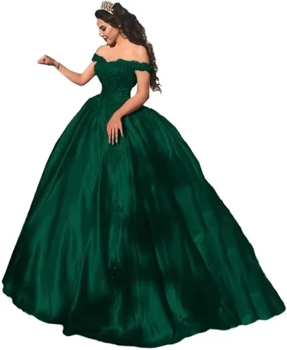 Meicuhap Women's Off Shoulder lace Applique Prom Dress Satin Quinceanera Ball Gowns for Sweet 15 16