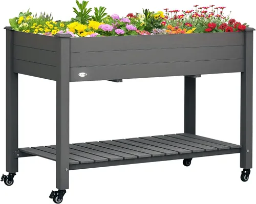 Miniatura 11 de Outsunny Cama de jardín elevada de 41 pulgadas con enrejado sobre ruedas, maceta elevada de madera con patas y forro de cama, para flores, hierbas