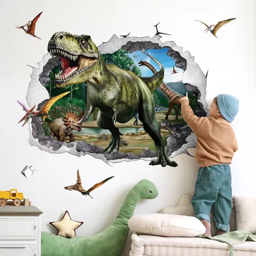 Wondever Adhesivos de pared 3D grandes de dinosaurios, dino con grietas y agujeros, dinosaurio animal, pelar y pegar, calcomanías de pared de arte
