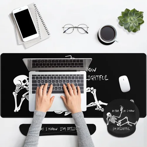 Miniatura 7 de Britimes Juego de alfombrillas de mouse de teclado de esqueleto de calavera negra 4 en 1 + reposamuñecas para teclado+reposamuñecas de ratón+juego