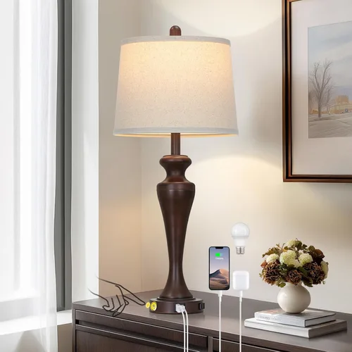Miniatura 13 de Lámpara de mesa marrón oscuro de 30 pulgadas, lámpara de noche individual con control táctil de 3 vías con puertos USB A+C y salida de CA, lámparas