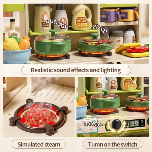 Miniatura 4 de Juego de cocina para niños de 33.8 pulgadas - 70 piezas con sonido y luz - Estufa de cocina con vapor, fregadero de juego y accesorios de cocina