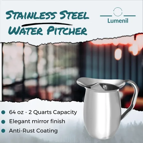 Miniatura 2 de Jarra de agua de acero inoxidable de plata lisa de 64 oz con protector de hielo, jarra de acero inoxidable para restaurantes.