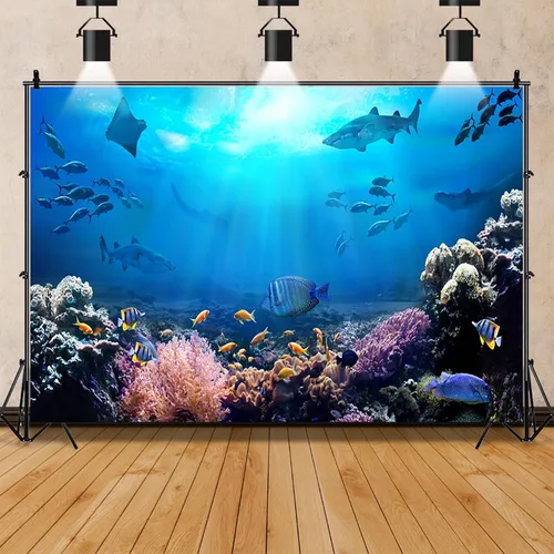 Miniatura 2 de AOFOTO Telón de fondo submarino de 5 x 3 pies para fotografía, acuario, fondos marinos, rocas, luces, coral y peces, escena tropical del océano bajo