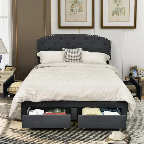 Miniatura 5 de Giantex Base de cama tapizada, cama de tamaño matrimonial con 4 cajones de almacenamiento y cabecera ajustable con botones, soporte de listones