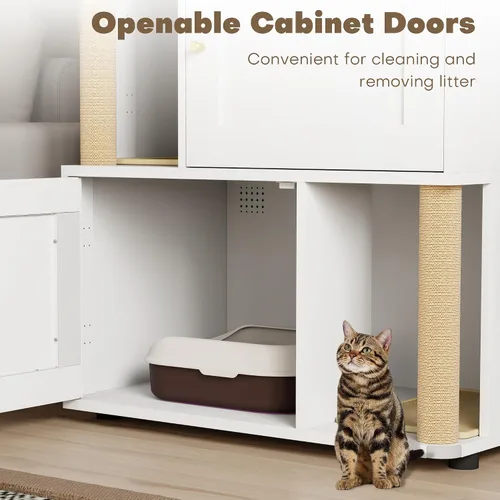 Miniatura 6 de Caja de arena para gatos para 2 gatos, armario de metal oculto doble con poste rascador para gatos, muebles grandes para baño de mascotas, mesa