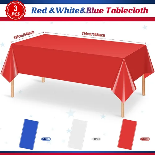 Miniatura 2 de 3 Pack 4th of July Tablecloths, Red White and Blue Disposable Plastic Tablecloth, Rectangle Table Cover for Independence Day Memorial Day Veterans