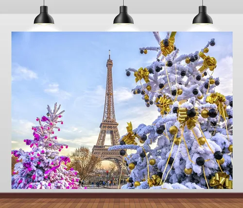 Telón de fondo de Navidad en París de 5 x 3 pies, torre Eiffel, árboles de Navidad, decorado, fotografía, fondo de fotografía, paisaje de nieve de
