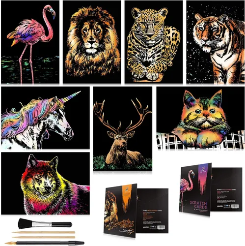 Arte de arañar para niños y adultos, paisaje de pintura de grabado arcoíris, tablero de rascar (A4) Set de manualidades: 8 hojas de tarjetas para