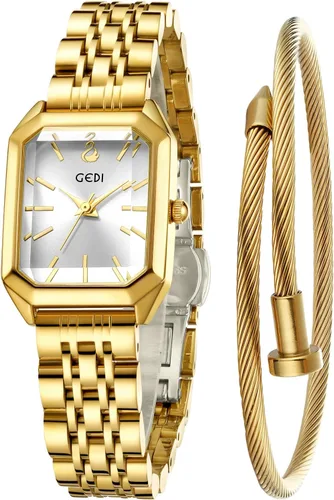 FANMIS Juego de reloj de pulsera y brazalete para mujer en tono dorado, reloj de vestir casual simple con esfera cuadrada, correa sólida de acero