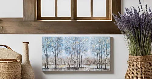 Miniatura 6 de NdcSkyArt Lienzo decorativo para pared con diseño de bosque, pinturas abstractas de árboles texturizadas pintadas a mano con lámina dorada