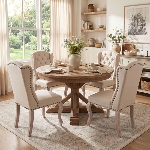 Miniatura 11 de Juego de 6 sillas de comedor de lino, sillas de comedor de granja con respaldo copetudo, sillas de cocina Parsons francesas tapizadas, sillas