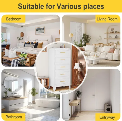 Miniatura 7 de Cómoda blanca de 5 cajones para dormitorio, cómodas y cajoneras de metal de 53.46 pulgadas de alto con diseño de esquinas curvas, cajonera Blanco
