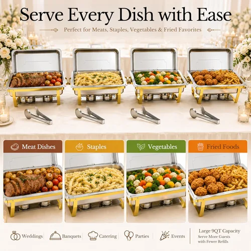 Miniatura 9 de Frizoky Platos rectangulares para bufé, 4 unidades, calentadores de alimentos de acero inoxidable dorado y plateado de 9 cuartos con tapas y 4
