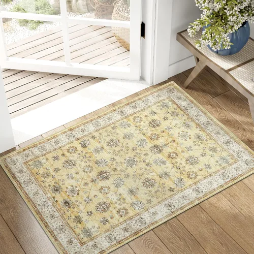 jinchan Alfombra de Área 2x3 pies Lavable con Diseño Floral Vintage para Interiores, Tapetes Antideslizantes para Entrada, Alfombra Suave para Sala