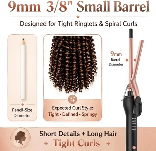 Miniatura 2 de Varita rizadora pequeña de 3/8 pulgadas para cabello corto y largo, rizador de cerámica de 0.354 in para rizos apretados, varita rizadora delgada