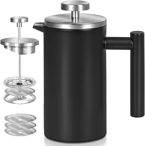 Miniatura 9 de Cafetera de Prensa Francesa de Acero Inoxidable Negro, Prensa Francesa Aislada de Doble Pared, para Café y Té, con 3 Pantallas Extra y una Cuchara