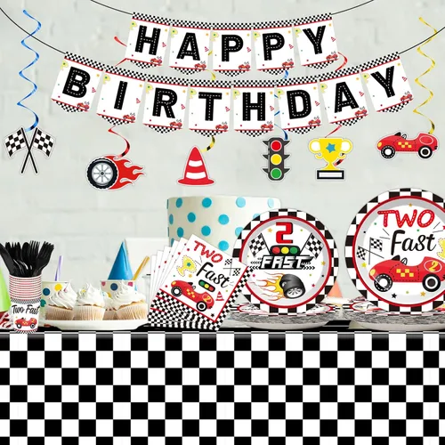Miniatura 6 de Qyeahkj Juego de 184 piezas de suministros para fiesta de cumpleaños rápido, incluye platos de coche de carreras, servilletas, mantel, pancarta, kit