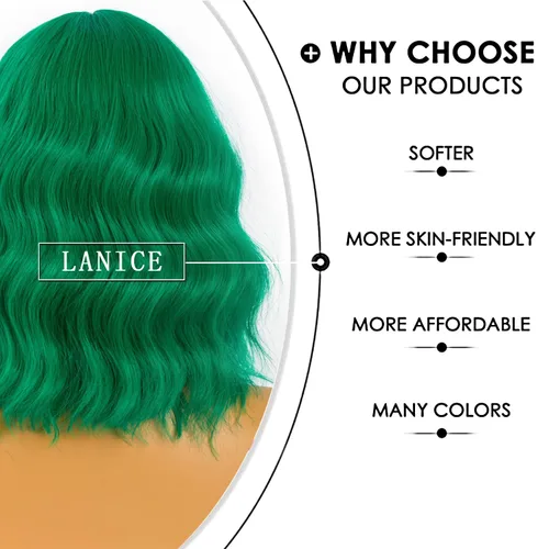 Miniatura 4 de LANICE Peluca verde para mujer, pelucas cortas estilo Bob con flequillo, peluca sintética natural, longitud al hombro, pelucas coloridas para uso