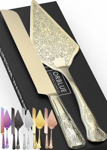 Miniatura 13 de Orblue Juego de cuchillo y servidor para pastel de boda, juego de corte de alta calidad, bellamente grabado, elegante recuerdo para recién casados