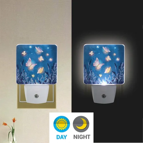 Miniatura 2 de Juego de 2 luces nocturnas de mariposa mágica, con diseño de mariposas, estrellas, enchufables, luces nocturnas LED automáticas, lámpara con sensor