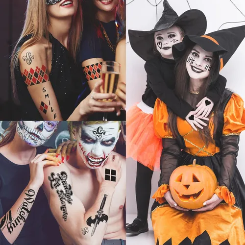 Miniatura 6 de JEEFONNA 22 hojas de tatuajes temporales de Halloween HQ Joker, disfraces perfectos para Halloween, accesorios de fiesta de Halloween y cosplay