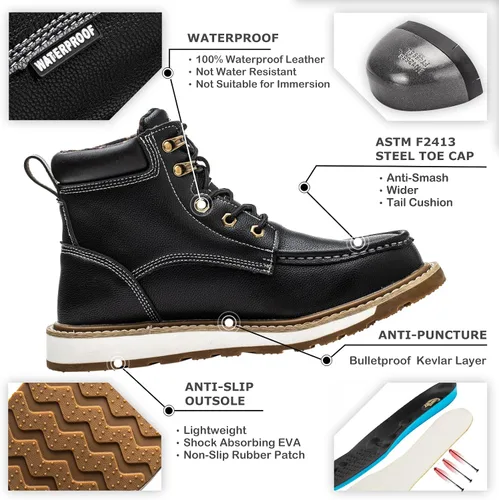 Miniatura 2 de KELODON Botas impermeables con punta de acero para hombres, botas de trabajo de cuero de 6 pulgadas, botas de construcción indestructibles, botas