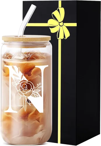 Miniatura 25 de Vaso de vidrio con monograma con tapa, pajita, idea de regalo de moda para amantes del café para mujeres y adolescentes, regalo personalizado