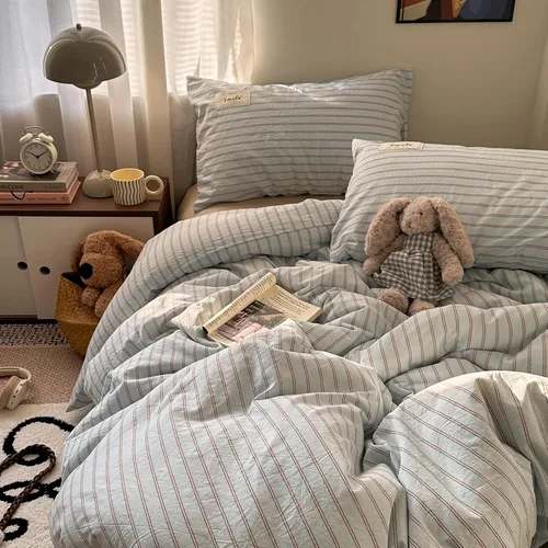 Miniatura 3 de AOJIM Blue & Brown Striped Duvet Cover Set Twin Size 100% Washed Cotton Stripe Bedding Set 3-Piece, Soft Zipper Comforter Cover and 2 Pillowcases