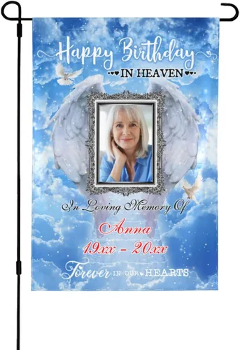 Bandera de memoria personalizada con nombre de foto, fecha, letrero funerario personalizado, bandera conmemorativa personalizable para jardín, Cielo