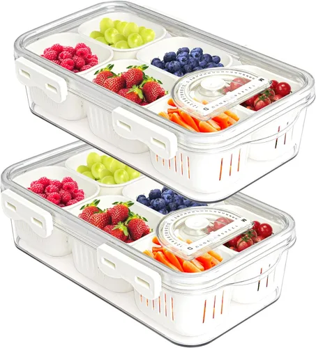 Miniatura 7 de Bandeja Dividida para Servir Alimentos con Tapas Caja Apilable de Snacks para Dulces Nueces Especias Contenedor de Frutas y Verduras con 6 Divisores