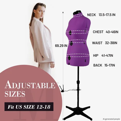 Miniatura 3 de Formas de Vestido para Costura, Maniquí Femenino Beige Talla Ajustable 6-14, Cuerpo de Modelo Pinchable con 13 Diales y Guía de Dobladillo de 360