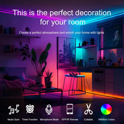Miniatura 2 de Luces LED de 100 pies para dormitorio, con control remoto infrarrojo de 44 teclas y aplicación Bluetooth, tiras de luces LED inteligentes, tira