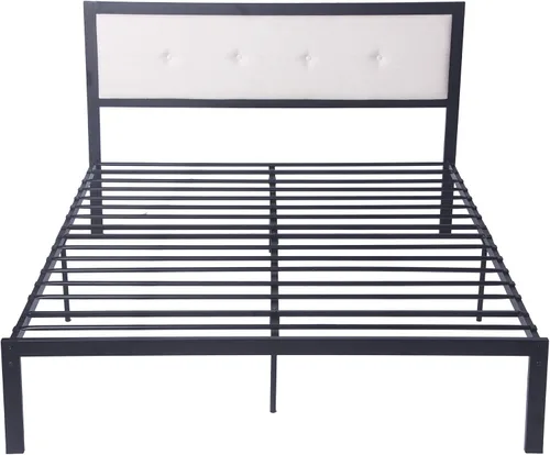 Miniatura 3 de LUCKYERMORE Base de cama de plataforma Queen de 12 pulgadas con cabecera beige, marco de cama de metal resistente con almacenamiento debajo