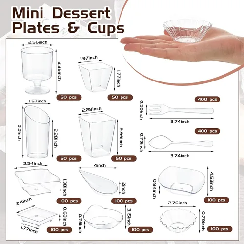 Miniatura 2 de Tessco for you Juego de 1600 mini platos de aperitivo, tazas de postre, tazas de plástico para parfait de formas variadas con cucharas desechables