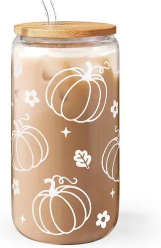 Miniatura 24 de SANDJEST Vaso de Vidrio con Margaritas en Patrón de Tablero de Ajedrez, Taza Floral a Cuadros con Tapa y Pajita, Tazas Estéticas de Café Helado