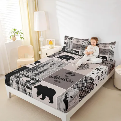 Miniatura 23 de Sábana bajera de retazos rústicos, sábanas de ciervos de oso para niños, adolescentes, adultos, mujeres, juego de ropa de cama rústica de granja